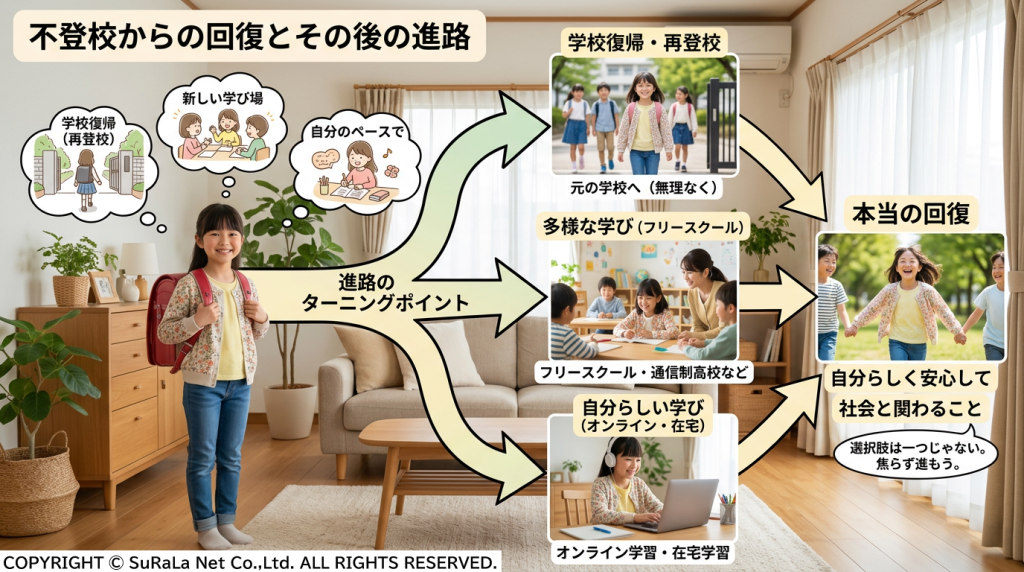 不登校からの回復プロセスと、学校復帰、フリースクール、オンライン学習などの多様な進路の選択肢を示す図解