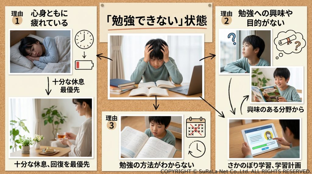 不登校で勉強しない理由（心身の疲れ、意味不明、方法不明）と保護者ができること、おすすめの勉強法のまとめ