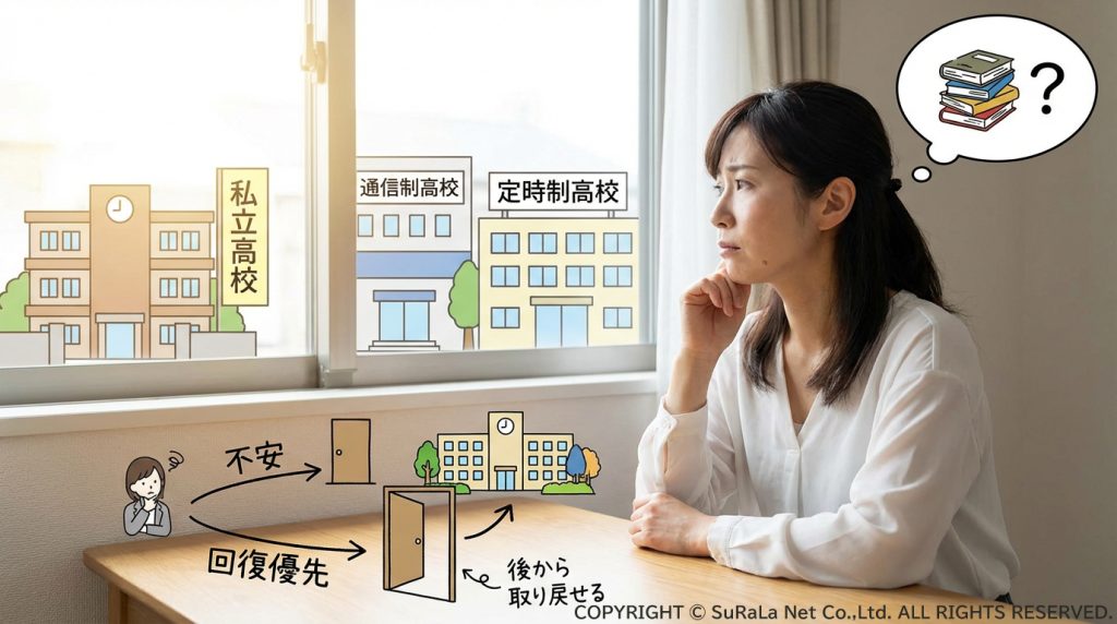 私立高校、通信制高校、定時制高校などの進路選択に悩む保護者と、回復を優先すれば後から取り戻せることを示すイラスト