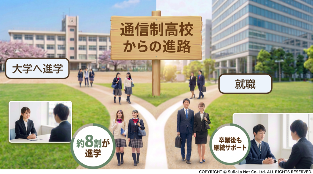 通信制高校卒業後の進路図。大学進学率約8割、就職、卒業後の継続サポートについての紹介