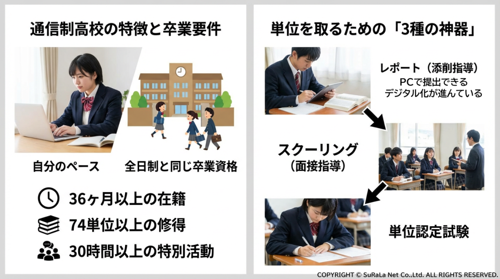 通信制高校の卒業要件（74単位、30時間以上の特別活動など）と、単位修得のためのレポート・スクーリング・試験の仕組み