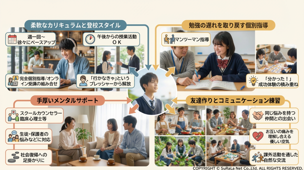 通信制サポート校のメリットを図解。柔軟な登校スタイル、個別指導、メンタルサポート、友達作りの4つの特徴を解説