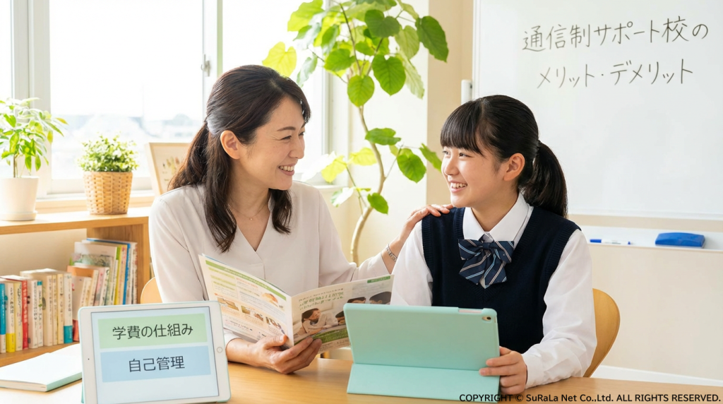 通信制サポート校のメリット・デメリットや学費の仕組みについて、タブレットを使って生徒に説明する先生