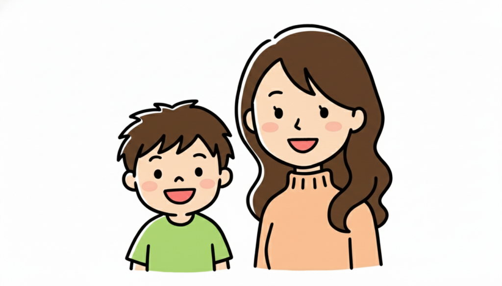 笑顔で並ぶ母親と男の子のイラスト。子育てブログの運営者やカウンセラーのプロフィール用イメージ。