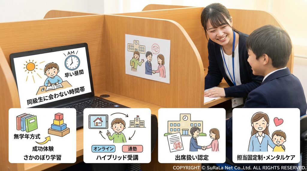 同級生に会わない昼間の時間帯の塾活用、無学年方式のさかのぼり学習、オンラインと通塾のハイブリッド受講、出席扱い認定、担当固定制メンタルケアの図解