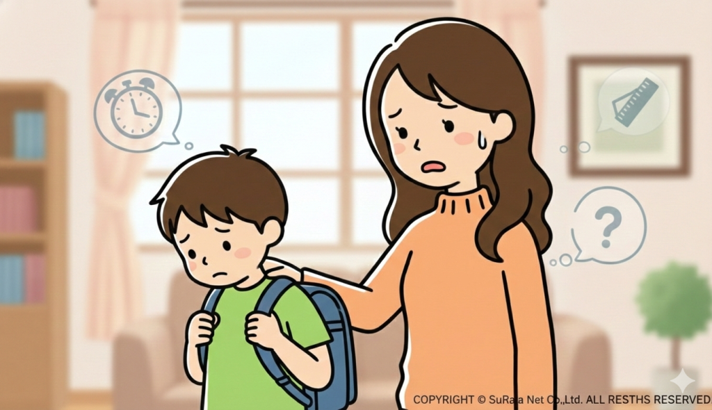 ランドセルを背負い、不安そうな表情で母親に付き添われる男の子。時計やクエスチョンマークのアイコンが浮かんでいる。