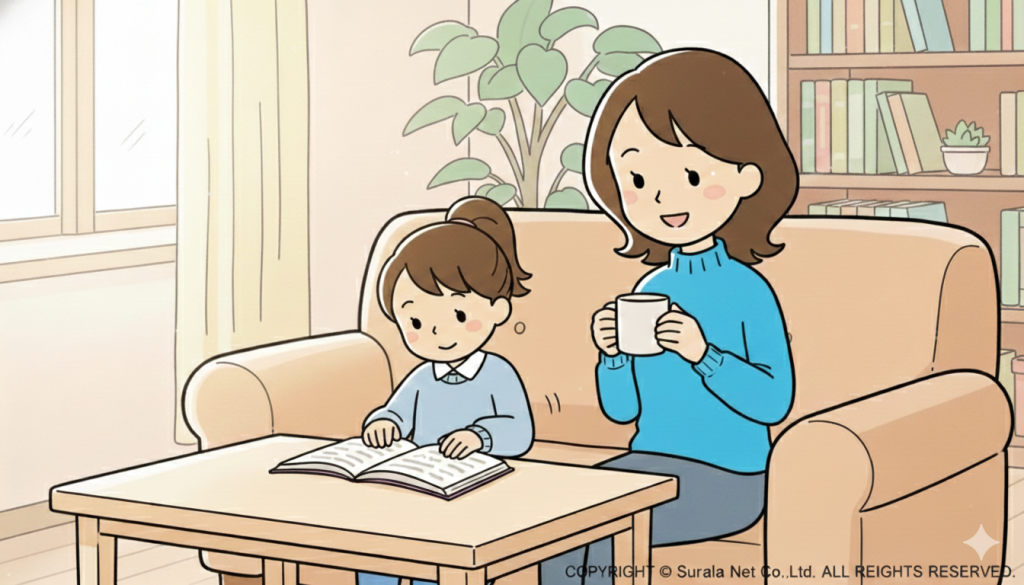 リビングのソファで読書をする娘と、隣で見守りながらコーヒーを飲む母親