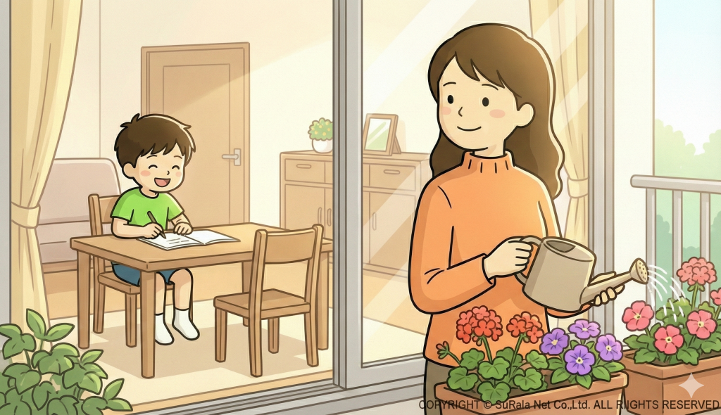 リビングで自立して勉強する男の子と、ベランダで花に水をやる笑顔の母親