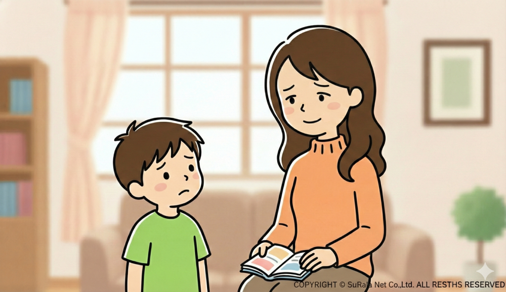 教科書を前に、学習内容に悩む表情を見せる子どもと寄り添う母親