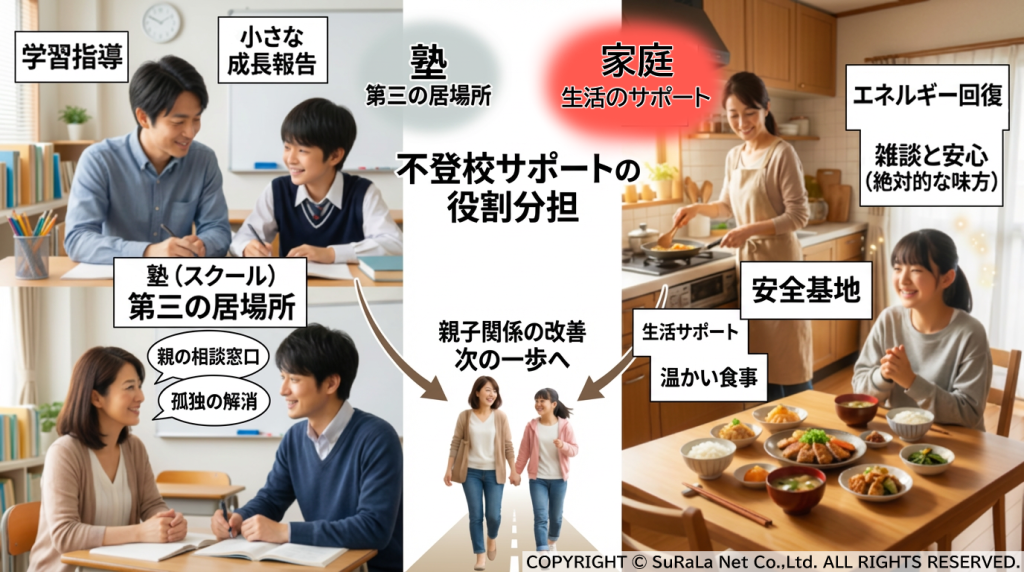 不登校サポートにおける塾と家庭の役割分担図。塾は学習指導と第三の居場所、家庭は生活サポートと安全基地としての役割を担い、親子関係の改善を目指すイメージ。