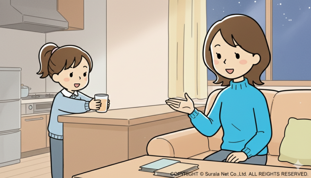 キッチンカウンターで飲み物を持つ娘と、ソファから優しく語りかける母親