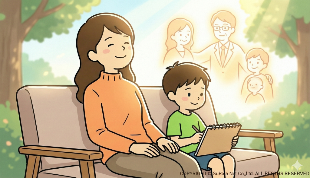 ソファでくつろぐ親子と、将来の成長した姿（医師や幸せな家庭）をイメージする背景