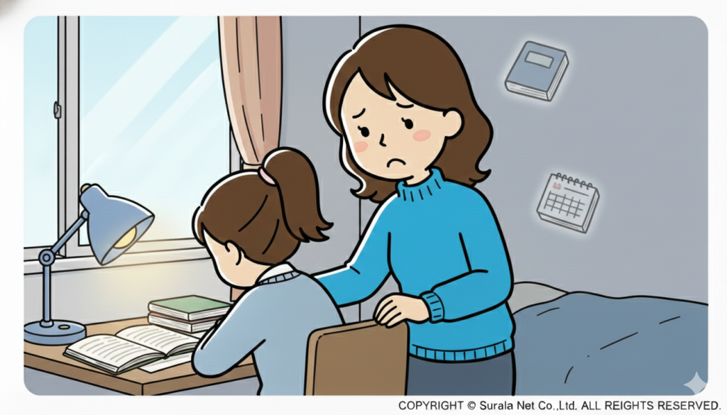 夜、机に向かう娘の背中を、心配そうな表情で見つめる母親。背景に本やカレンダーのアイコン。