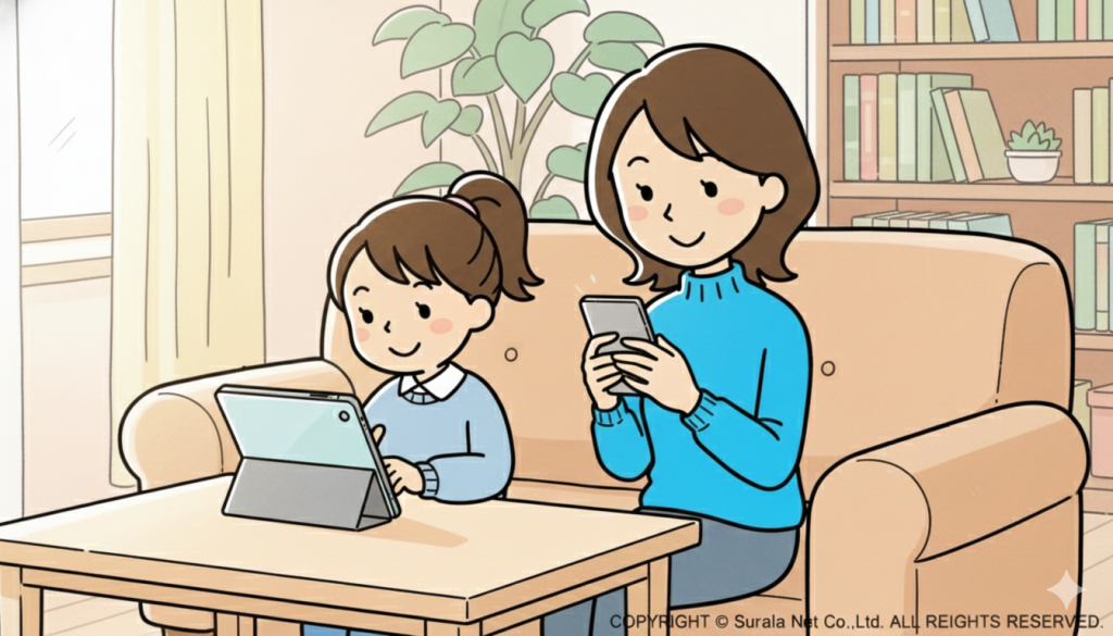 タブレットを使って学習する子供と、隣でスマートフォンを操作しながら見守る母親