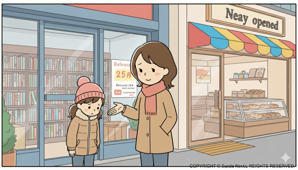本屋やパン屋の前で、浮かない表情をして立ち止まる母親と下を向く小さな女の子