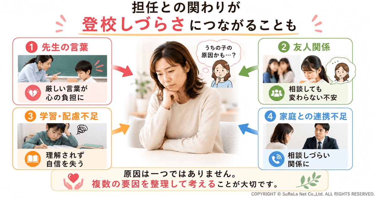 担任との関わりが登校しづらさにつながる場面をまとめたイメージ。先生の言葉や叱責、いじめや友人関係への対応不足、学習や発達特性への理解不足、保護者との連携不足など、不登校につながる複数の要因を整理して紹介。