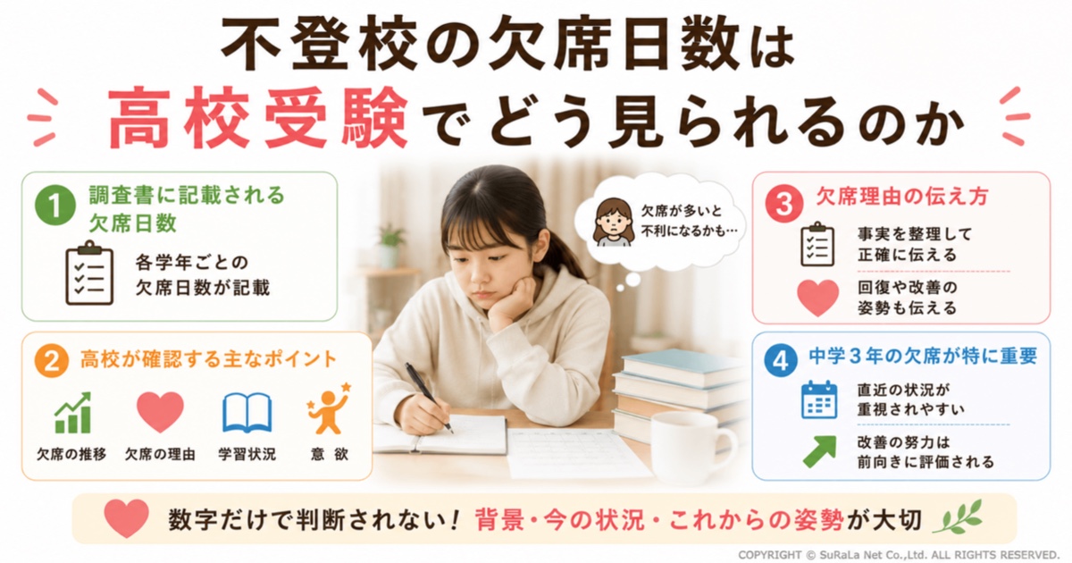 不登校の欠席日数が高校受験でどのように評価されるかを解説した図解。調査書に記載される欠席日数、高校が確認する欠席理由や学習状況、欠席理由の伝え方、中学3年生の欠席日数が重視される理由など、不登校でも高校受験を目指すためのポイントをわかりやすく紹介しています。