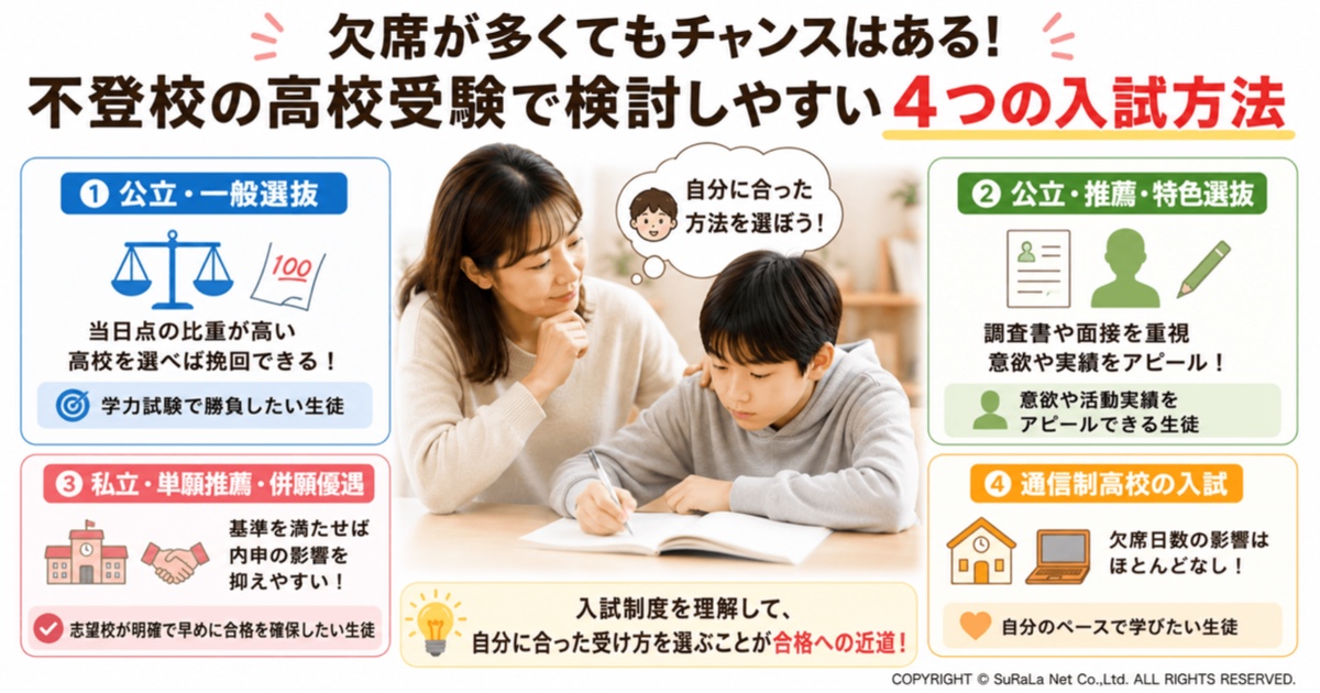 不登校でも受験しやすい高校受験の入試方法を解説した図解。公立一般選抜、公立推薦・特色選抜、私立単願・併願推薦、通信制高校の4つの入試制度の特徴や向いている人を比較し、欠席日数が多くても自分に合った受験方法を選んで合格を目指すポイントを紹介しています。