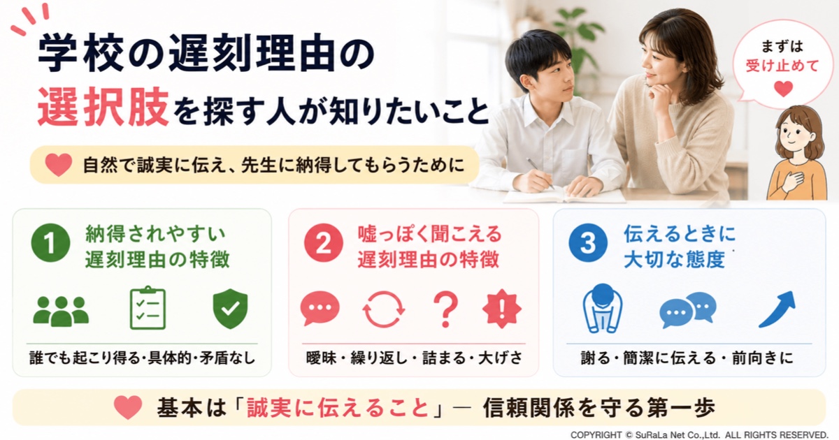 学校の遅刻理由を先生に伝える際のポイントを保護者・生徒向けにまとめた図解です。先生に納得されやすい遅刻理由の特徴として、誰にでも起こり得る内容で具体的かつ矛盾がない説明を紹介し、一方で曖昧な表現や繰り返し内容が変わる説明、大げさな理由は信頼を得にくいことを解説しています。また、遅刻理由を伝える際は謝罪したうえで簡潔かつ誠実に説明し、今後の改善策も前向きに伝える姿勢が大切であることを紹介しています。先生との信頼関係を保ちながら自然に遅刻理由を伝える方法をわかりやすくまとめた保護者・生徒向けイラストです。