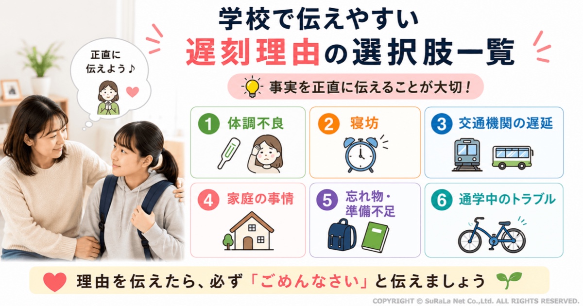 学校で伝えやすい遅刻理由の選択肢をまとめた保護者・生徒向けの図解です。体調不良、寝坊、交通機関の遅延、家庭の事情、忘れ物・準備不足、通学中のトラブルなど、学校で実際に伝えやすい遅刻理由を一覧で紹介しています。あわせて、遅刻理由は事実を正直に伝えることが大切であり、理由を説明した後は「ごめんなさい」と謝罪を添えることで、先生との信頼関係につながることを解説した、学校の遅刻対応に役立つイラストです。
