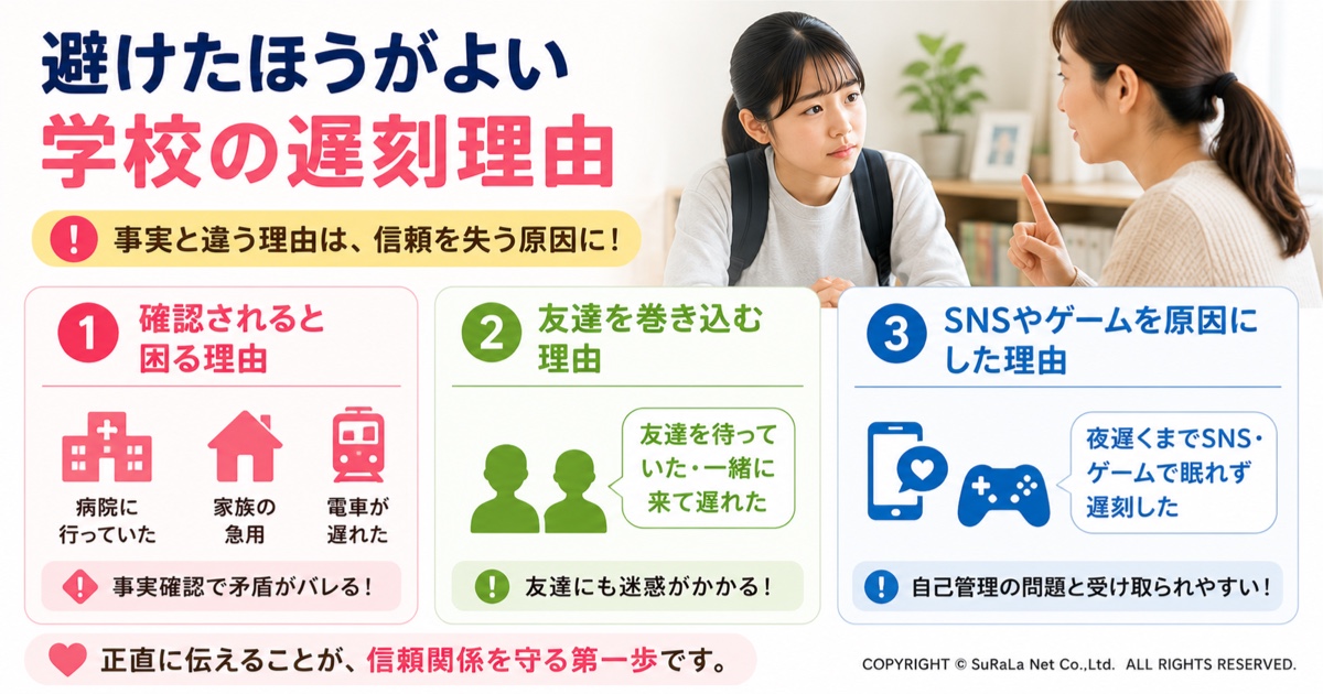 学校で避けたほうがよい遅刻理由を保護者・生徒向けに解説した図解です。確認されると困る理由、友達を巻き込む理由、SNSやゲームを原因にした言い訳など、先生からの信頼を失いやすい遅刻理由を紹介しています。事実と異なる説明は後から確認される可能性があり、友人にも迷惑をかけることや、SNS・ゲームを理由にすると自己管理不足と受け取られやすい点を解説しています。学校の遅刻理由は事実を正直に伝え、謝罪を添えることが信頼関係につながることを伝えるイラストです。