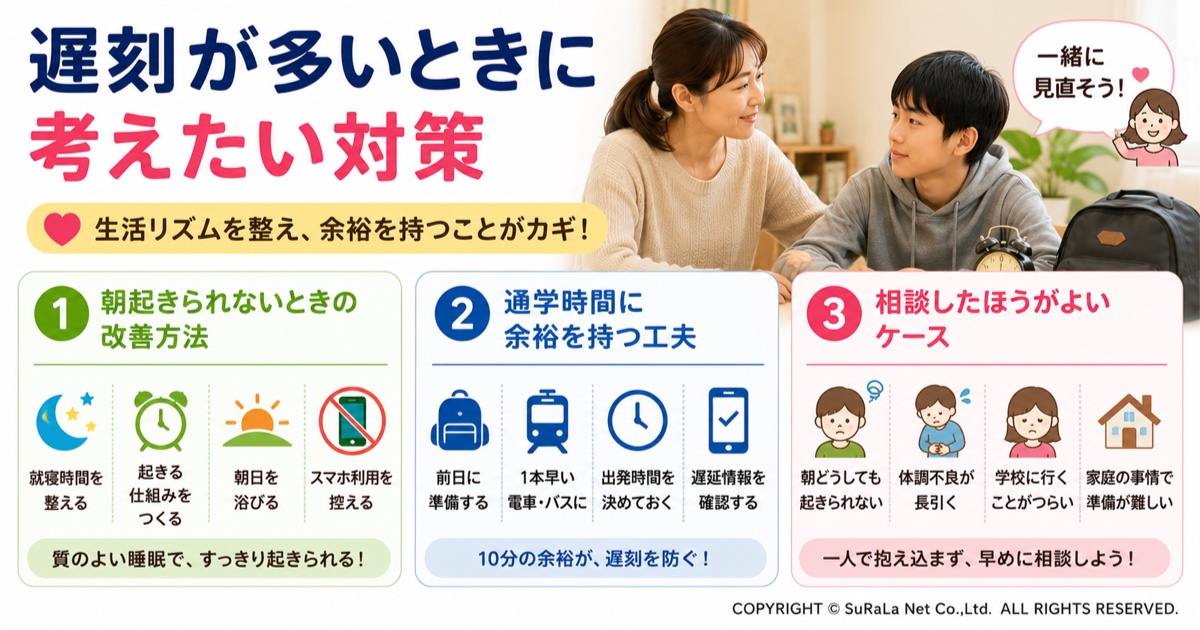 学校の遅刻が多いときの改善方法を保護者・生徒向けにまとめた図解です。朝起きられないときの睡眠習慣の見直し、通学時間に余裕を持つための準備や早めの行動、遅刻が続く場合に相談すべきサインの3つの対策をわかりやすく紹介しています。睡眠リズムを整えて朝すっきり起きること、前日の準備や時間に余裕を持った行動で遅刻を防ぐこと、一人で悩まず保護者や学校、専門機関へ早めに相談することの重要性を解説し、遅刻の原因を見つけて少しずつ改善する大切さを伝えるイラストです。