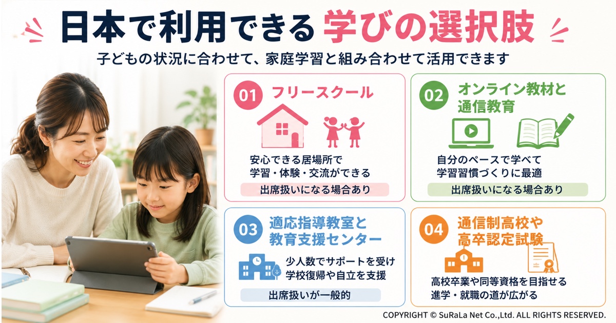 日本で利用できる学びの選択肢を保護者向けにわかりやすく紹介した図解です。フリースクール、オンライン教材・通信教育、適応指導教室・教育支援センター、通信制高校や高卒認定試験など、それぞれの特徴や役割を整理しています。子どもの状況や目的に応じて複数の学習方法を組み合わせられることを紹介し、不登校やホームスクーリングを検討する家庭が、自分に合った学び方を選ぶための参考となるイラストです。