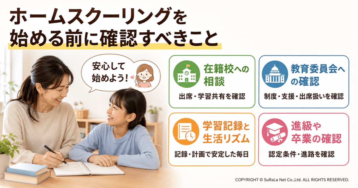 ホームスクーリングを始める前に確認しておきたいポイントを保護者向けにまとめた図解です。在籍校への相談、教育委員会への確認、学習記録や生活リズムの管理、進級や卒業・進学条件の確認など、家庭学習を円滑に進めるために必要な準備をわかりやすく紹介しています。ホームスクーリングを安心して始めるために、学校や教育委員会との連携や制度確認の重要性を理解できるイラストです。