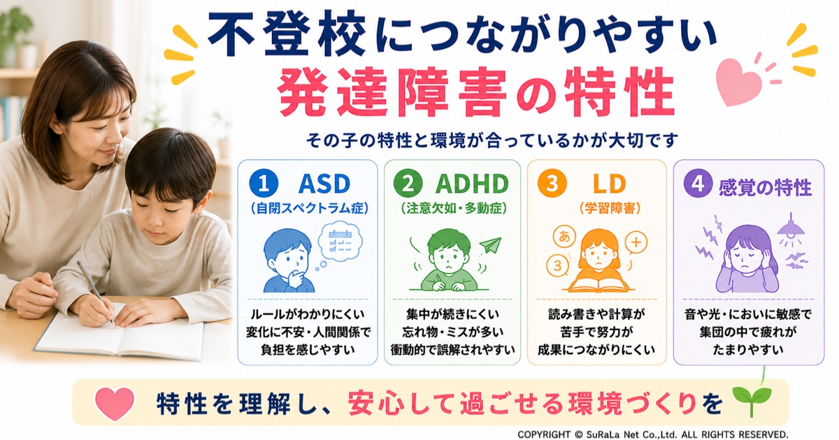 不登校につながりやすい発達障害の特性を解説した図解です。ASD・ADHD・LD（学習障害）・感覚過敏の特徴と、学校生活で負担を感じやすい場面、特性を理解して安心できる環境づくりの大切さを紹介しています。