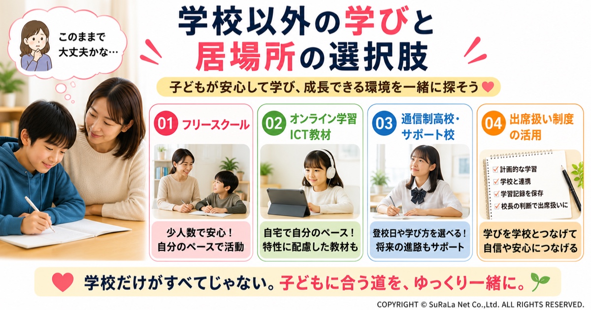 不登校や発達障害の子ども向けに、学校以外の学びと居場所の選択肢を解説した図解です。フリースクール、オンライン学習、通信制高校・サポート校、出席扱い制度など、子どもの特性に合った学び方と安心できる居場所の選択肢を紹介しています。