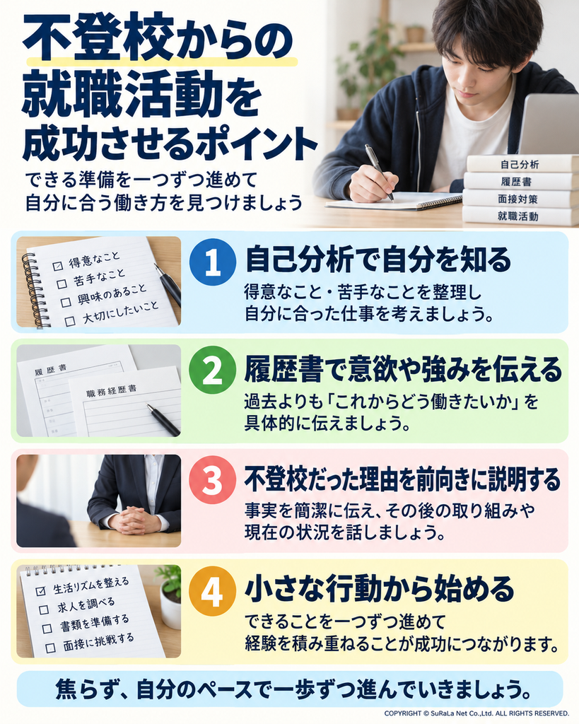 自己分析、応募書類、面接対策、小さな行動の4つから不登校後の就職活動を進めるポイント