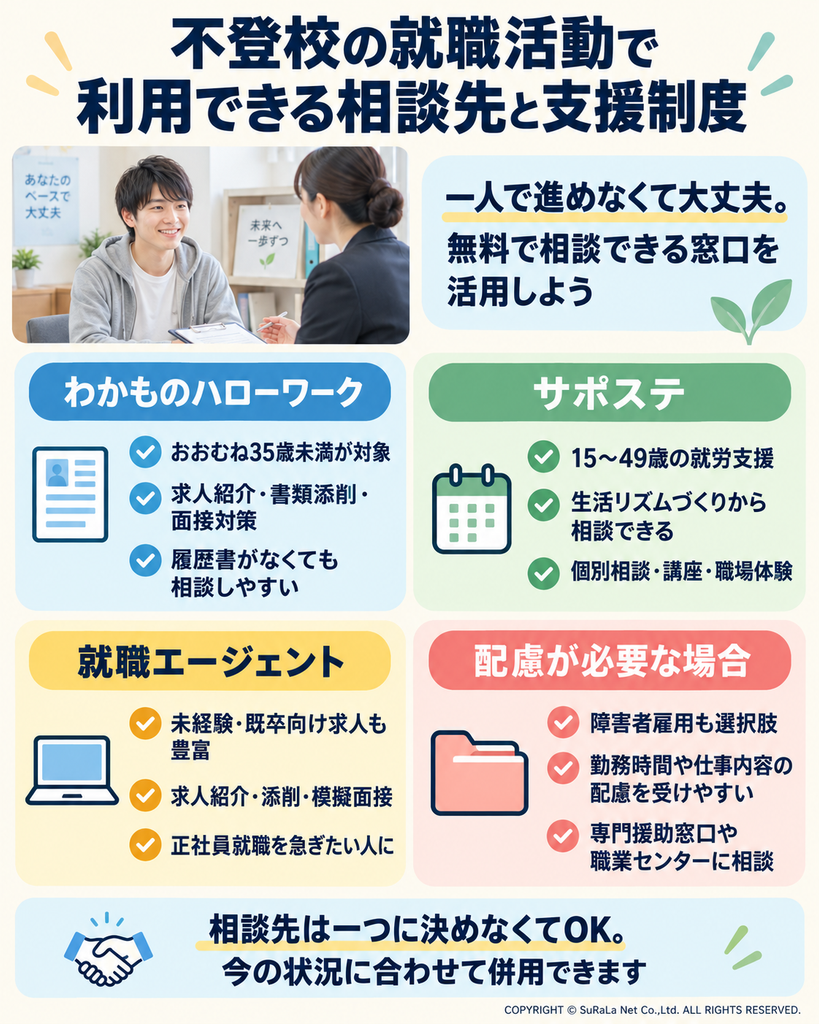 わかものハローワーク、サポステ、就職エージェント、障害者雇用など就職支援の相談先をまとめた図