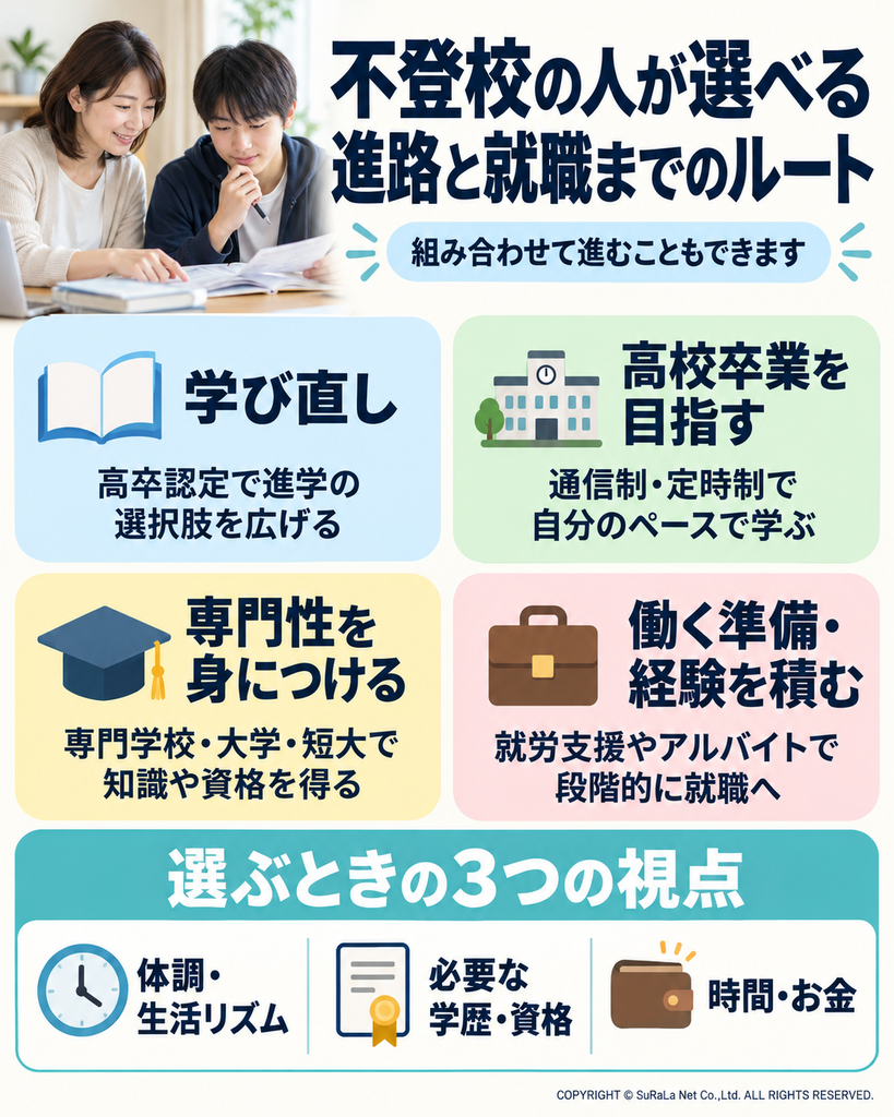 高卒認定、通信制高校や定時制高校、進学、就労支援、アルバイトなど不登校から就職までの進路を示した図