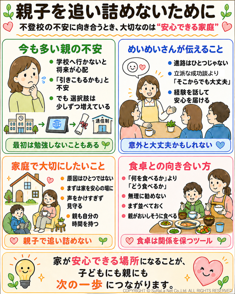 不登校の不安に向き合う親向けに「安心できる家庭づくり」と「食卓での接し方」を解説した図解