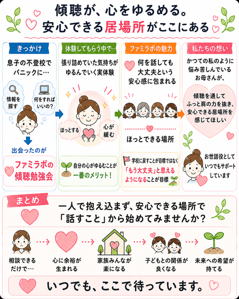 子どもの不登校でのパニックからファミラボの傾聴勉強会に出会い、心が緩んでいくプロセスの図解