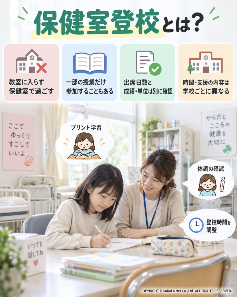 保健室で過ごす日の出欠記録、提出物やテストによる成績評価、高校の単位を分けて学校に確認することを示した図。