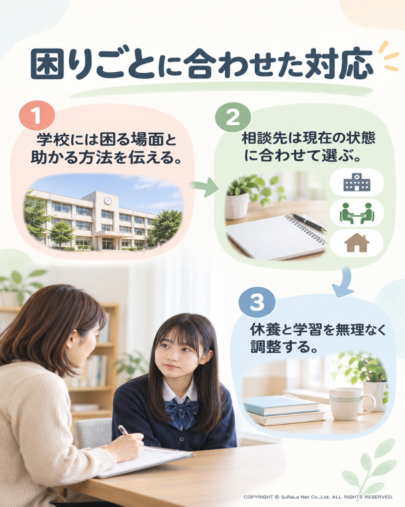 学校に困りごとを伝え、現在の状態に合う相談先を選び、休養と学習を調整する流れを示す。