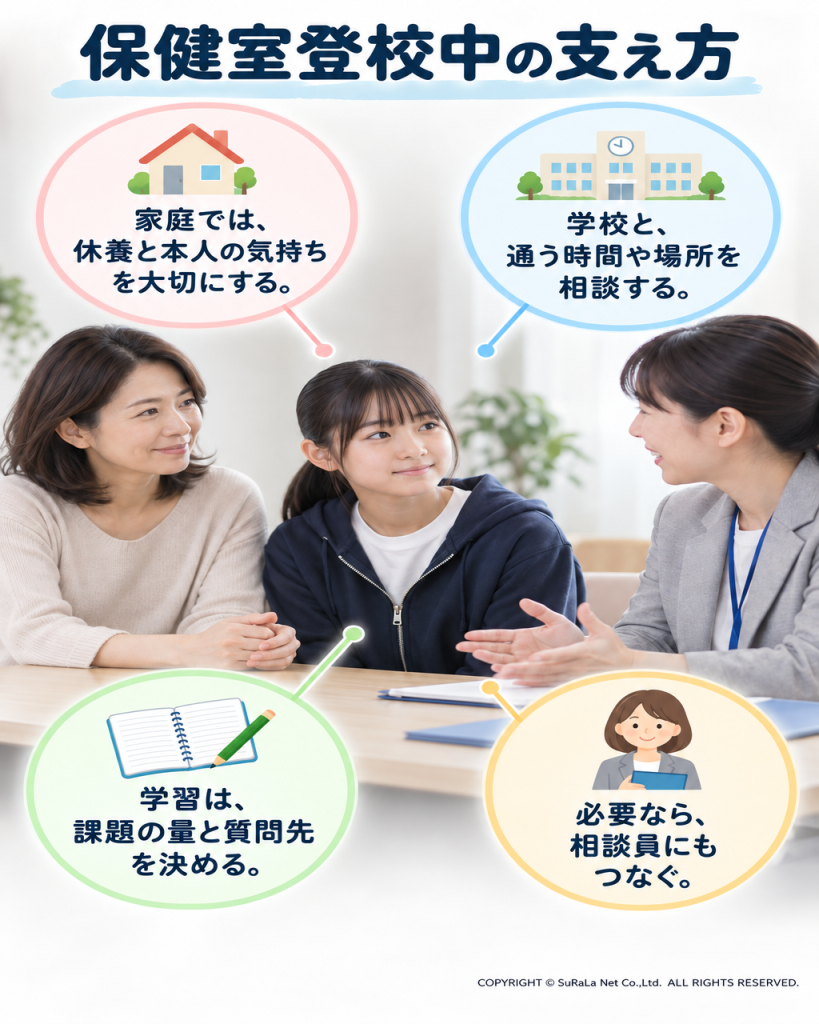 本人の希望を共有したうえで、時間と体調、安心できる場所、学び方、学校との連絡方法を相談する図。