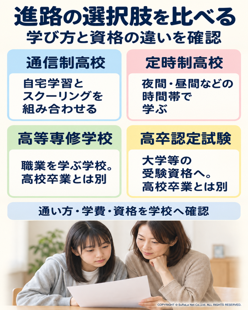 通信制高校、定時制高校、高等専修学校、高卒認定試験の学び方と資格の違いを比較した画像