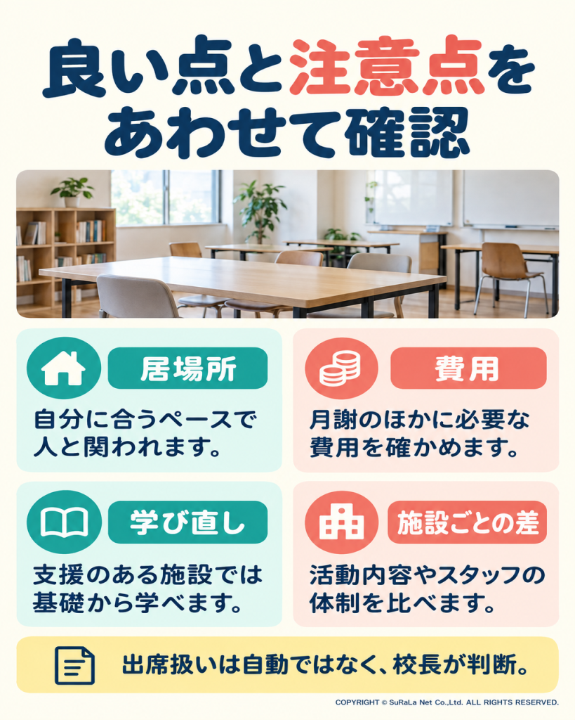 良い点と注意点をあわせて確認。居場所、学び直し、費用、施設ごとの差を整理。