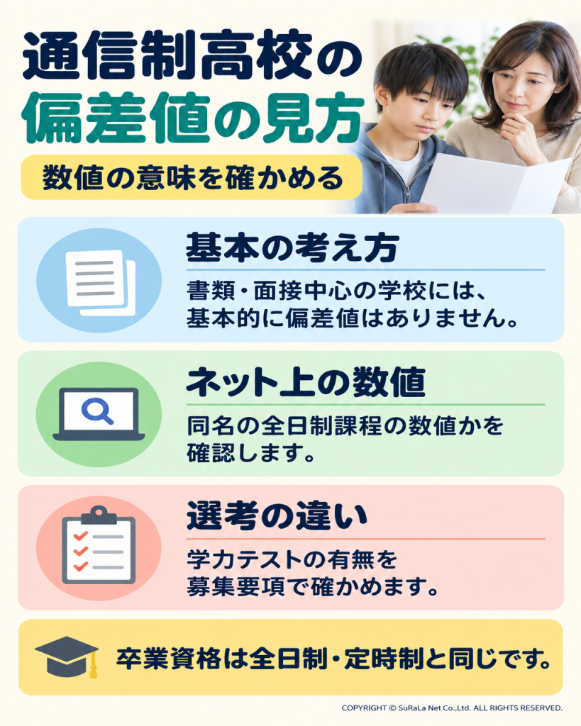 通信制高校の偏差値、ネット上の全日制課程の数値、コース別の学力テストを区別する図解
