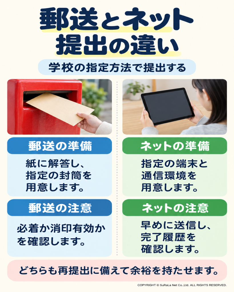 郵送とネット提出について準備するものと締め切り前の確認点を比較した画像
