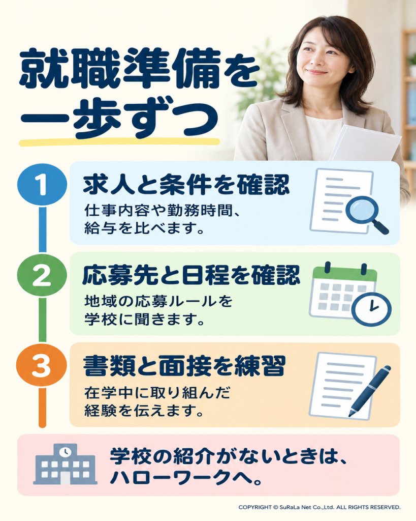 就職準備を一歩ずつ。求人と条件を確認：仕事内容や勤務時間、給与を比べます。 応募先と日程を確認：地域の応募ルールを学校に聞きます。 書類と面接を練習：在学中に取り組んだ経験を伝えます。 学校の紹介がないときは、ハローワークへ。