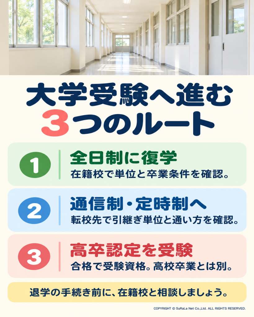 大学受験までの全日制高校、通信制・定時制高校、高卒認定の三つのルートを示す図