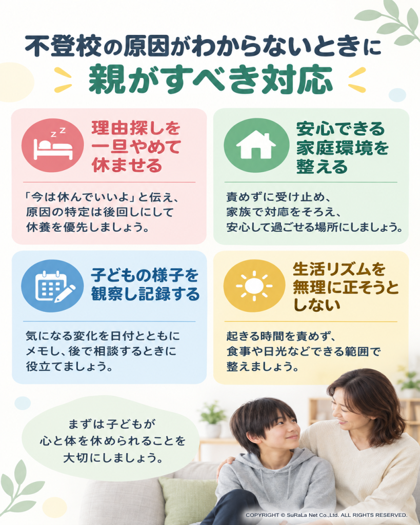 休養と並行して学校との分担、体調の記録、症状が続く場合の医療相談を進める対応図