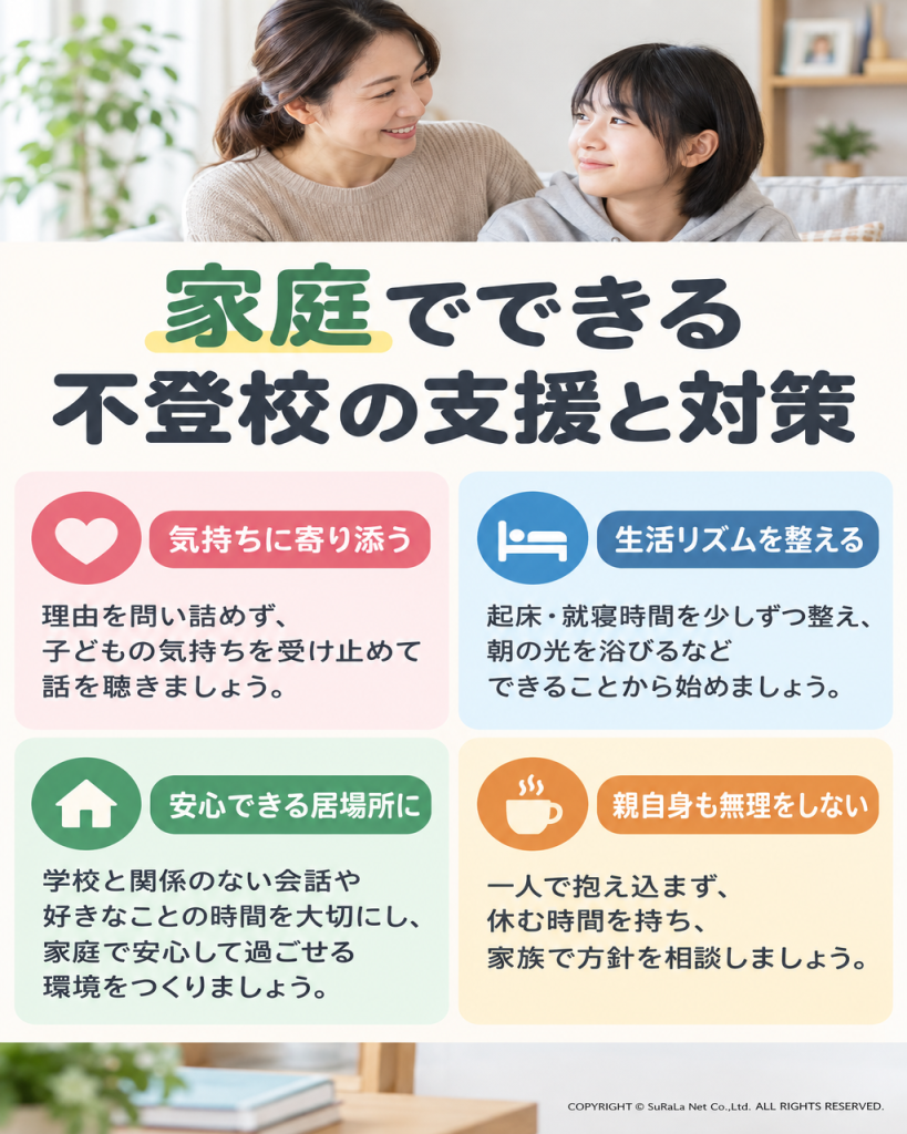 家庭での休養、話を聞くこと、生活と学びの相談、保護者の支えの四つを整理