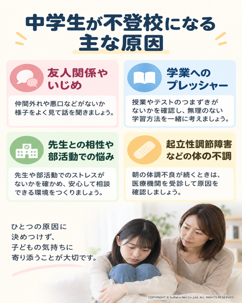 中学生の不登校に関わる友人関係やいじめ、学業の負担、先生との関係、起立性調節障害などの体調面を示した図解