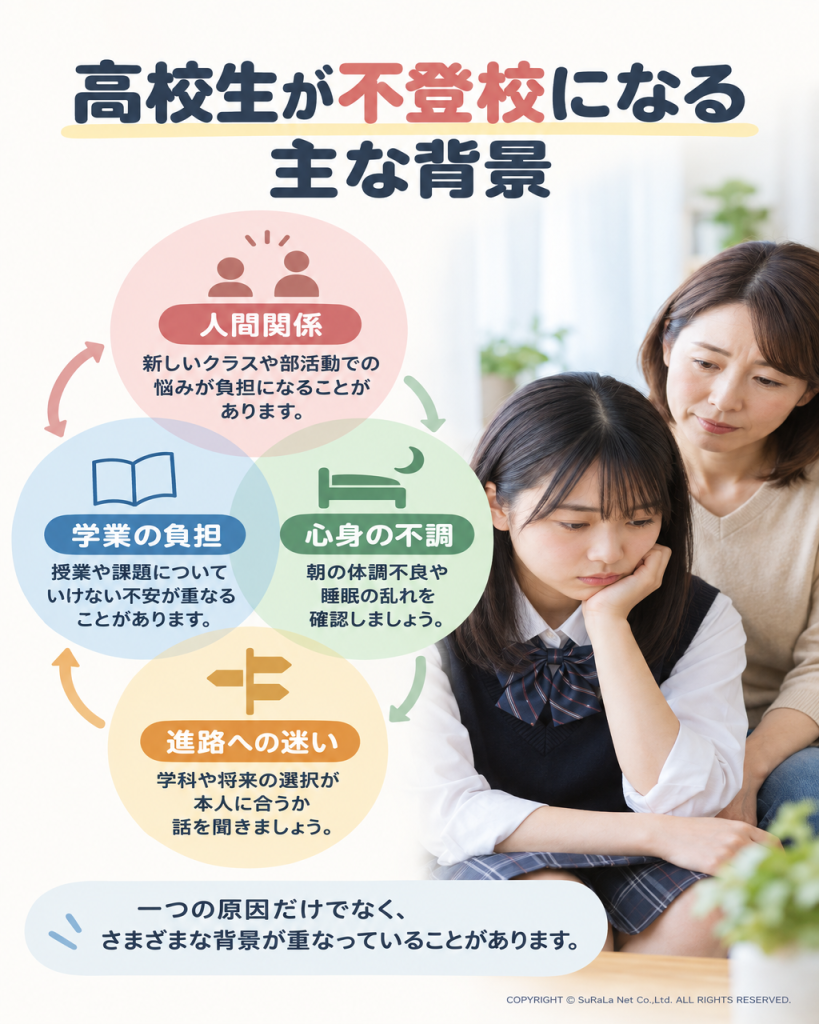 高校生の不登校の背景として、人間関係、学業の負担、心身の不調、進路への迷いを整理した図解