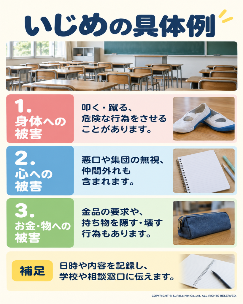 暴力、悪口や無視、金品の要求、持ち物への被害などの例と記録の仕方を示す図