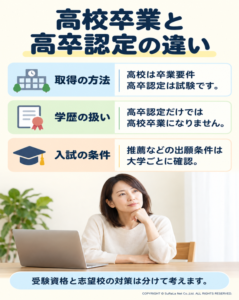 高校卒業と高卒認定の取得方法、学歴の扱い、大学入試条件の違いを整理した図